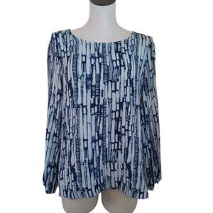 Wrap London Top Blue Abstract Print Long Sleeve Button Back Popover Womens US 6